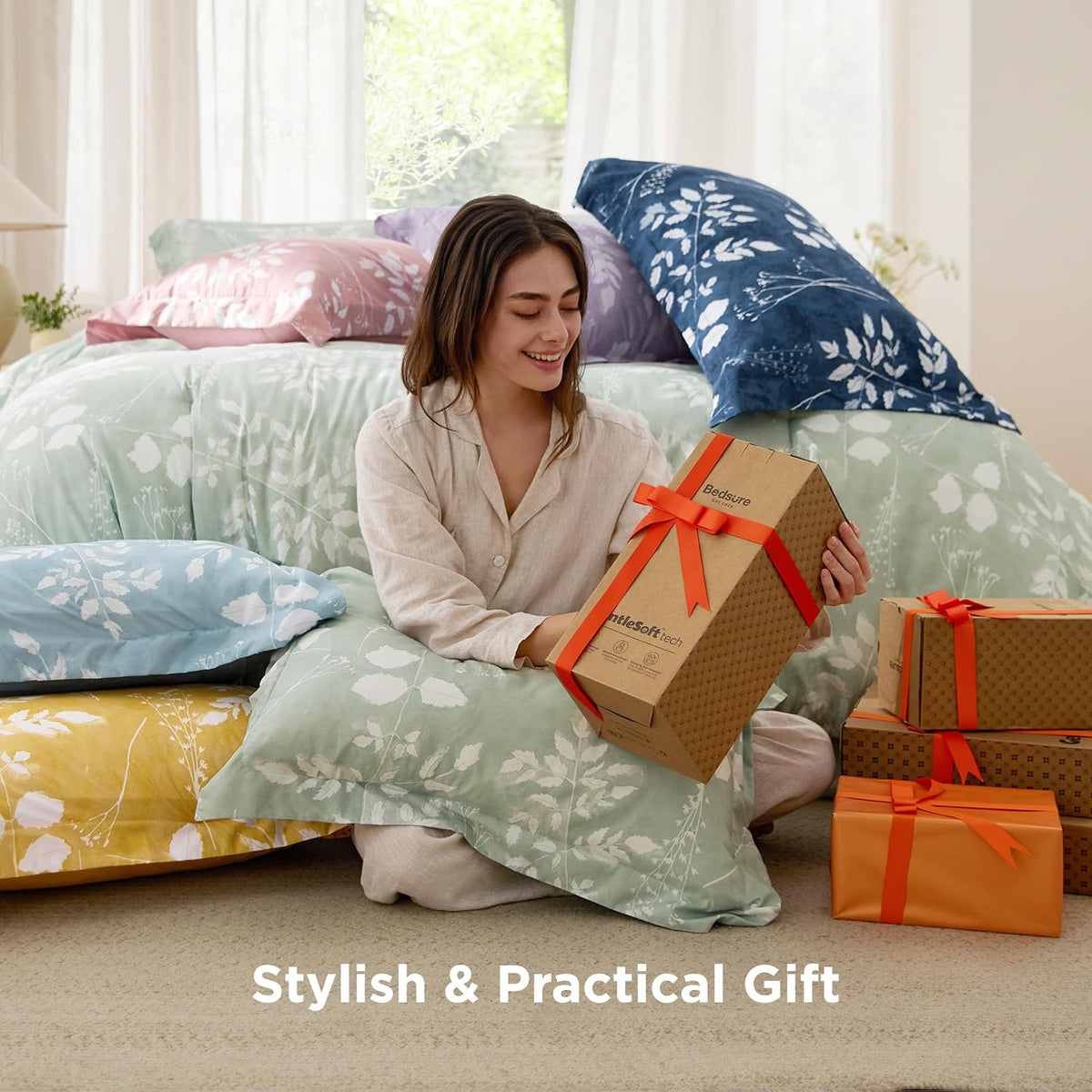 Bedsure Floral Sage Green Comforter Set, Full Bedding Sets, 7 Piece