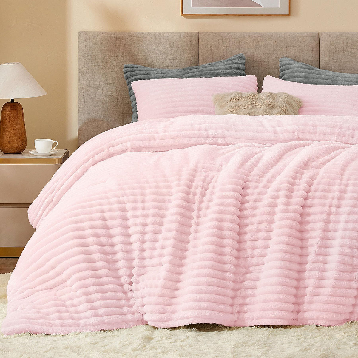 BEDELITE Fleece Queen Comforter Set, Fluffy Bed Set, Cream White