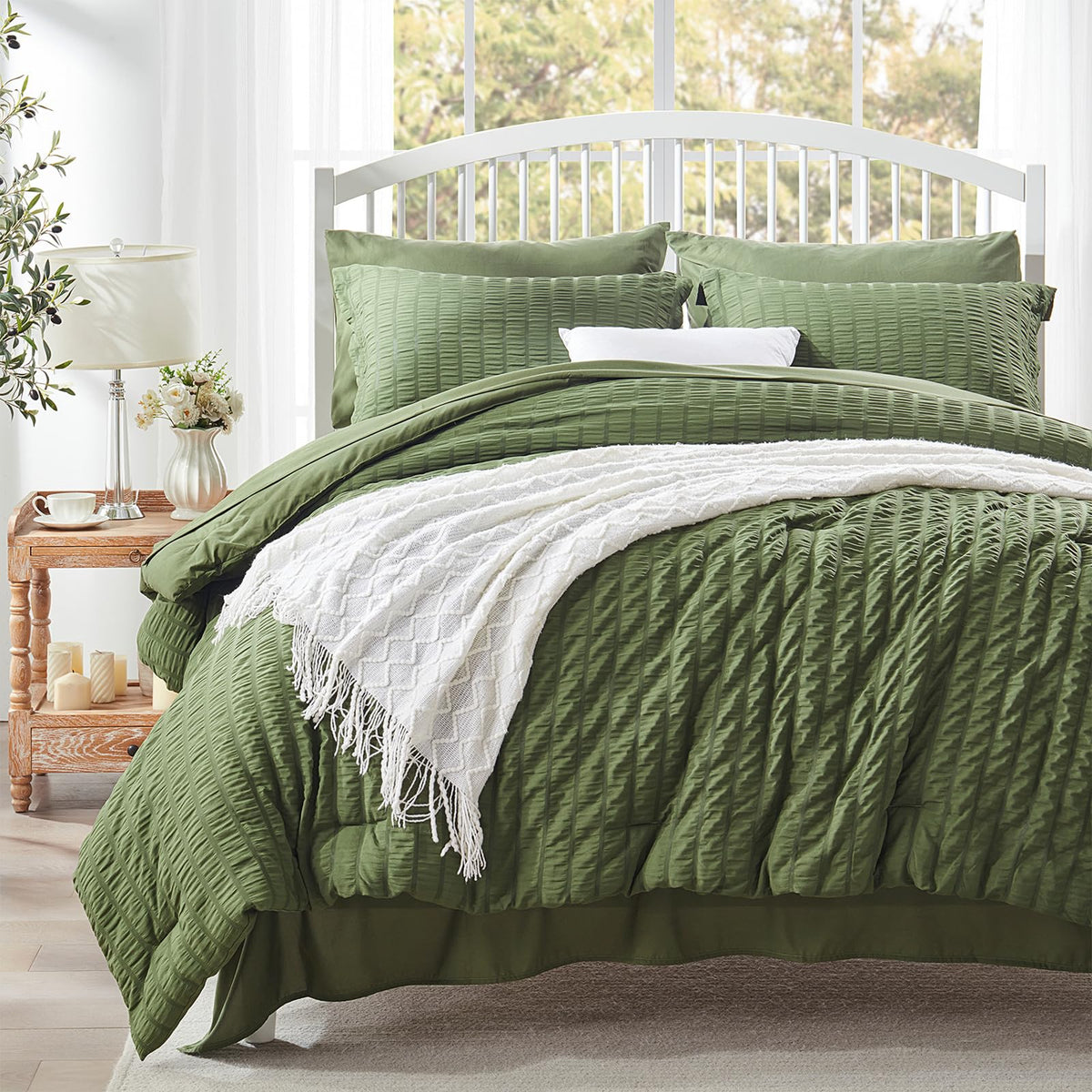 Twin Comforter Set 5 Piece, Olive Green Bed in a Bag Twin Size Bedding Sets