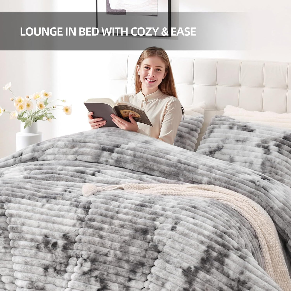 Smoofy Fluffy Queen Size Comforter 3 PCS - Tie Dye Grey Fleece Bedding Set