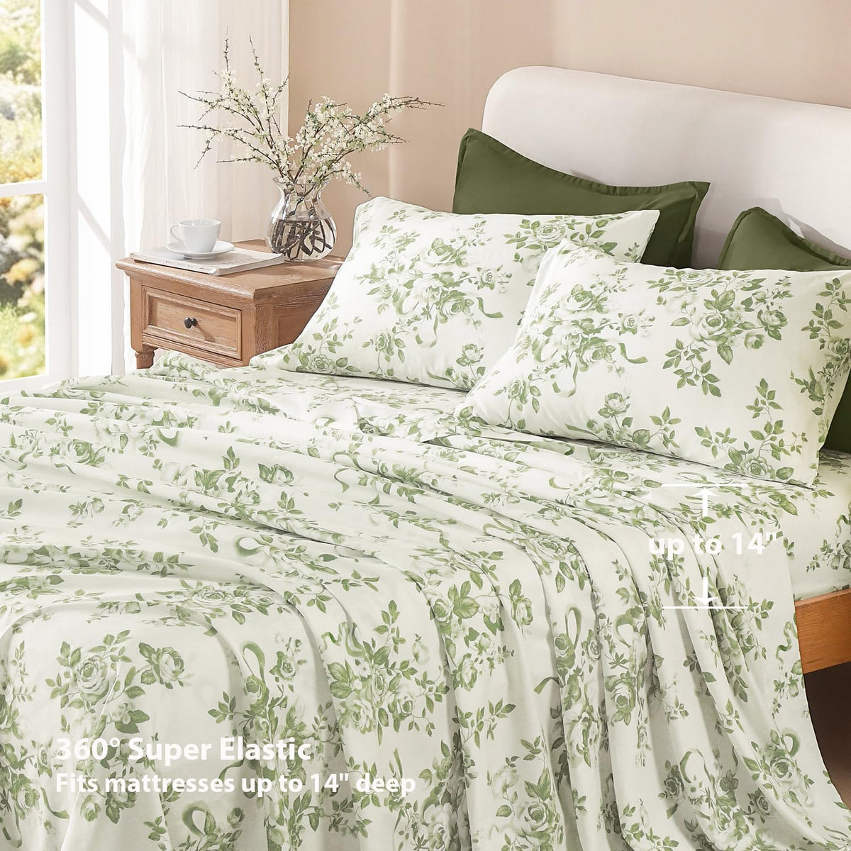 Litanika Floral Queen Comforter Set, 7 Peices Olive Green Bed in a Bag