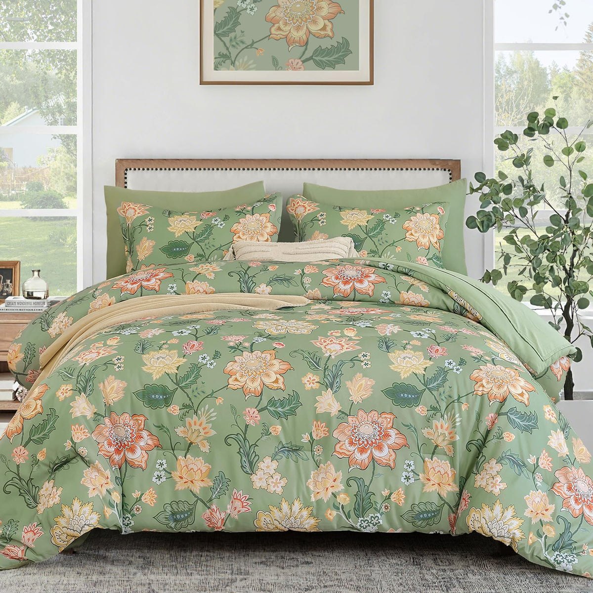 Luxudecor Sage Green Floral Queen Comforter Set, 7 Pieces Bed in a Bag