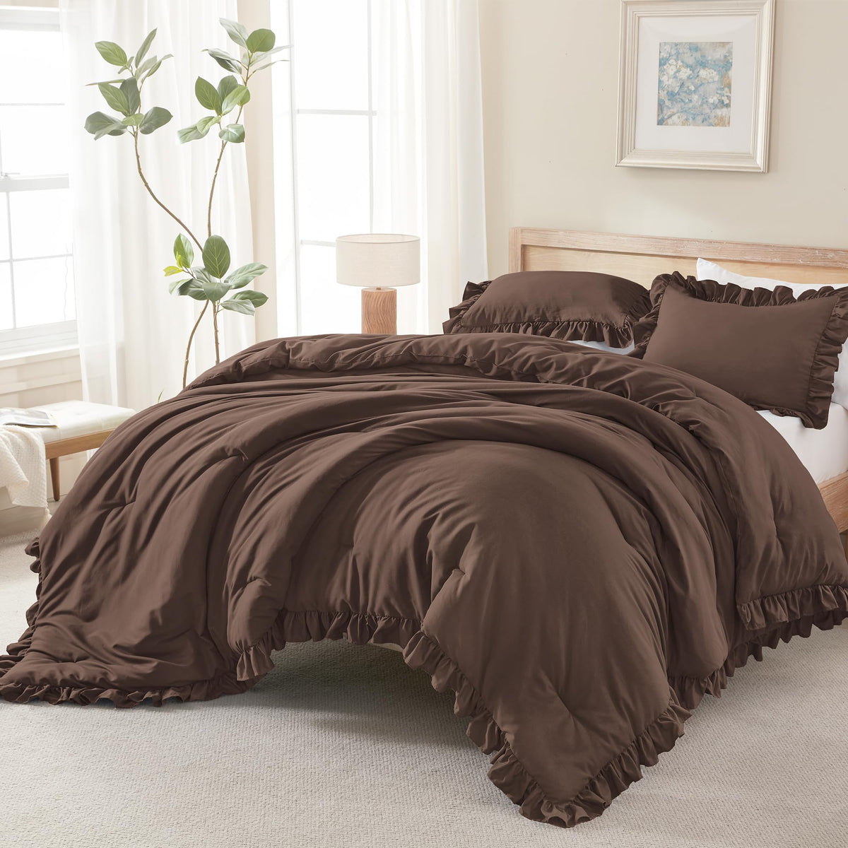 Andency White Comforter Set Queen Size, 3 Pieces Ruffle Farmhouse Bed Set