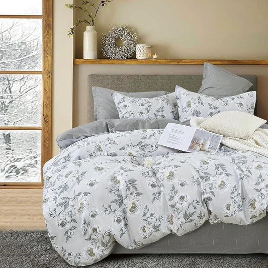 LEMIROE Floral Cotton Comforter Twin Size - Light Grey Comforter Printed with Vintage Ivory Flowers & Dark Yellow Stamens,Reversible Lightweight Bedding Sets 2Pcs(68"×90")
