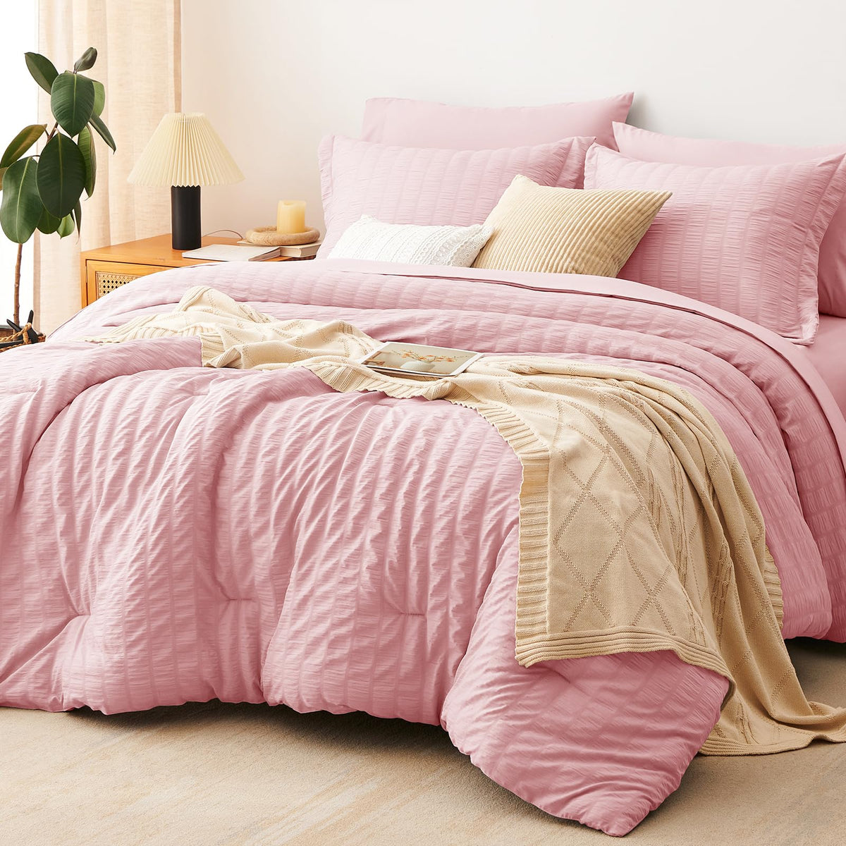 CozyLux Queen Comforter Set, 7 Pieces White Seersucker Bed in a Bag