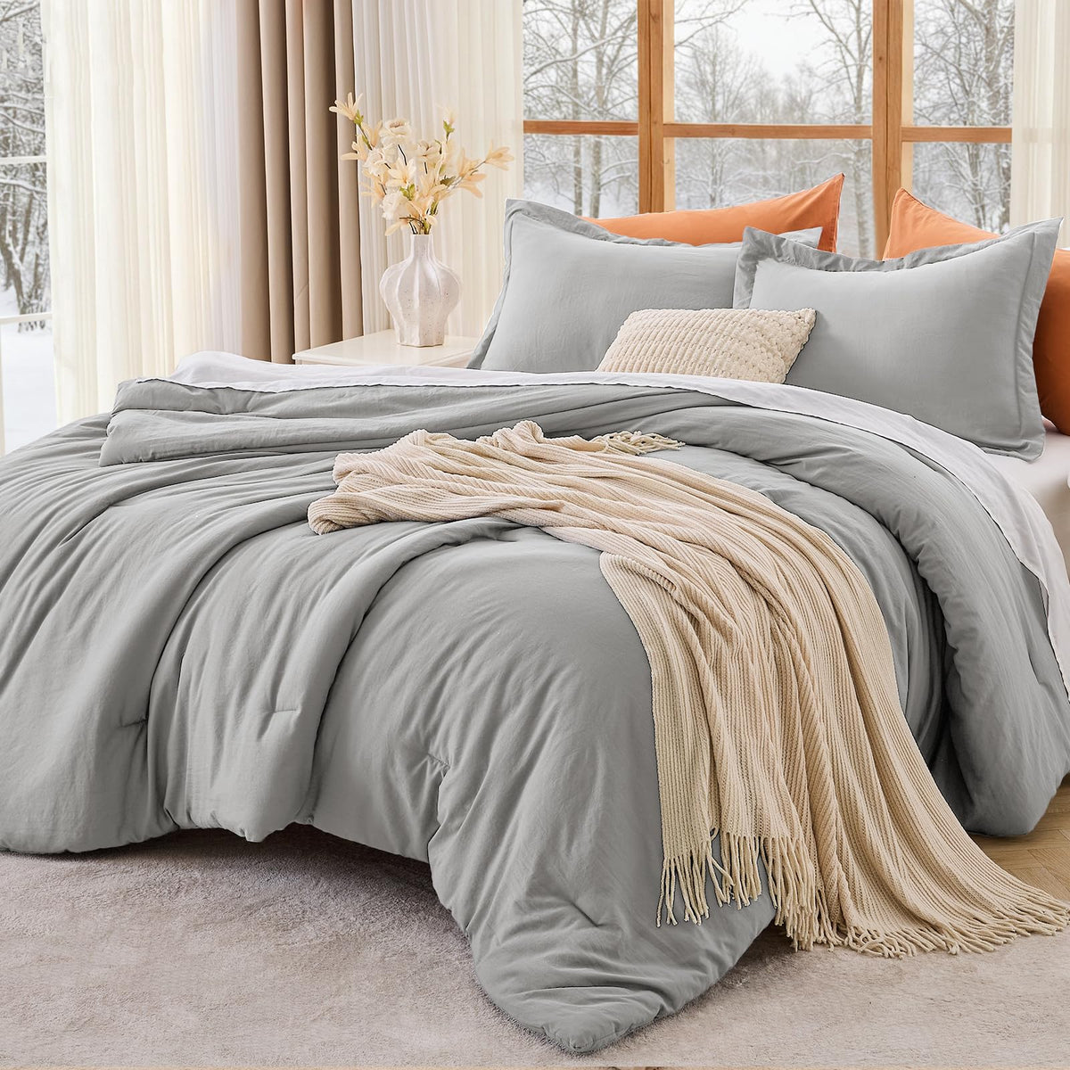 MUXHOMO Queen Size Comforter Set Beige, 3 Piece Solid Bedding for All Seasons, Warm Down Alternative Bed Set Includes 1 Lightweight Comforter (90"x90") and 2 Pillowshams (20"x26")