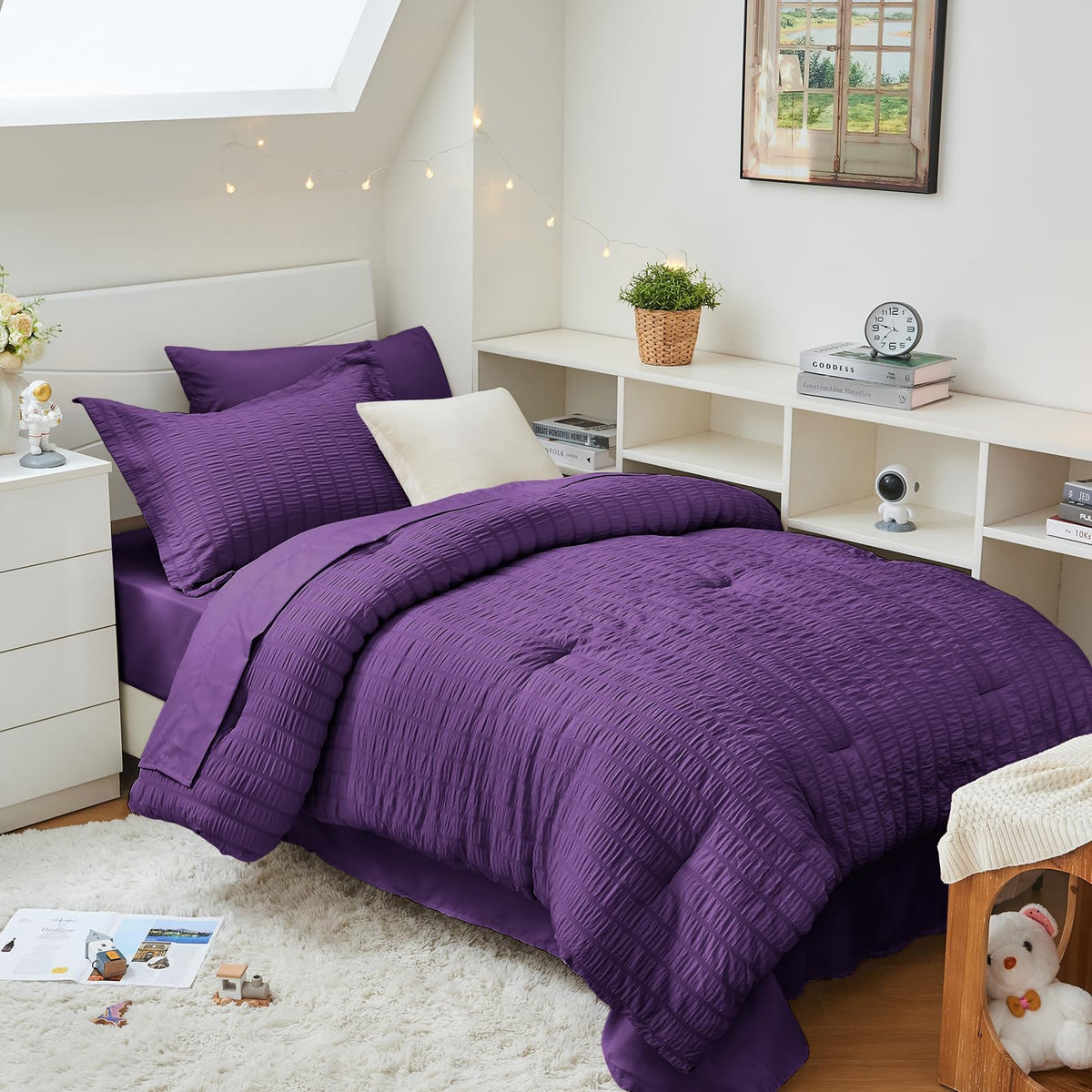 HYMOKEGE Queen Comforter Set Seersucker 7 Pieces, All Season Luxury Bed in a Bag for Bedroom, Bedding Set with Comforters, Sheets, Pillowcases & Shams, Dark Grey