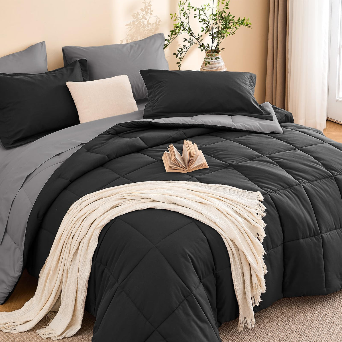 MUXHOMO Queen Comforter Set with Sheets Brown - 7 Pieces Bed in a Bag