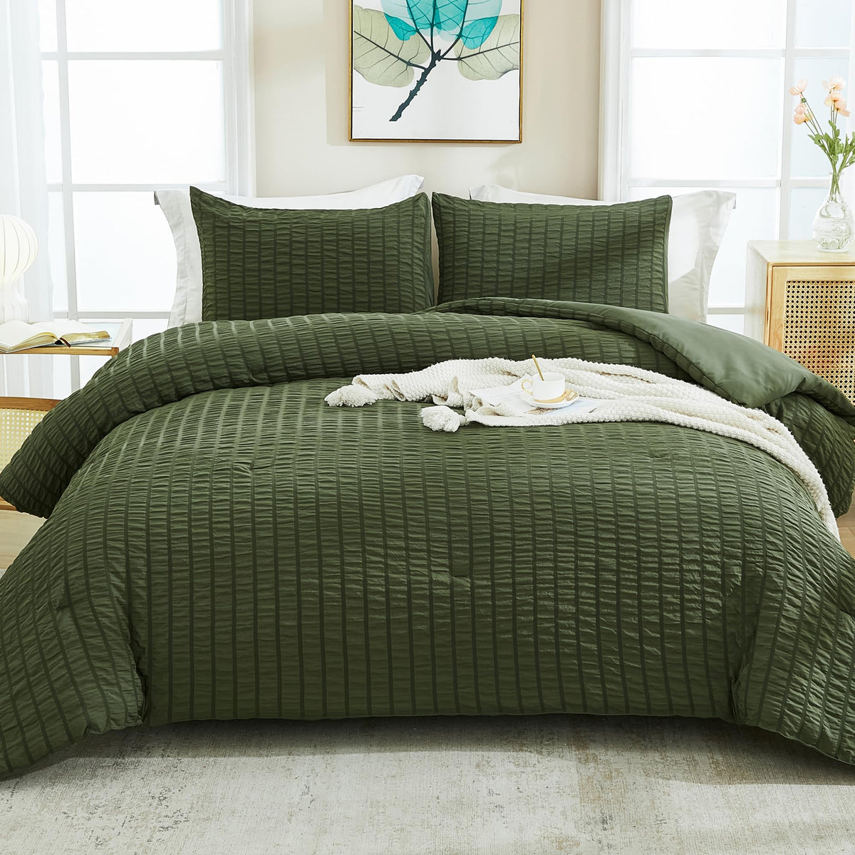 AveLom Seersucker White Comforter Set Full, 3 Pieces- 100% Soft Washed Microfiber Lightweight Comforter with 2 Pillowcases, All Season Down Alternative Bedding Set (80x90 inches)