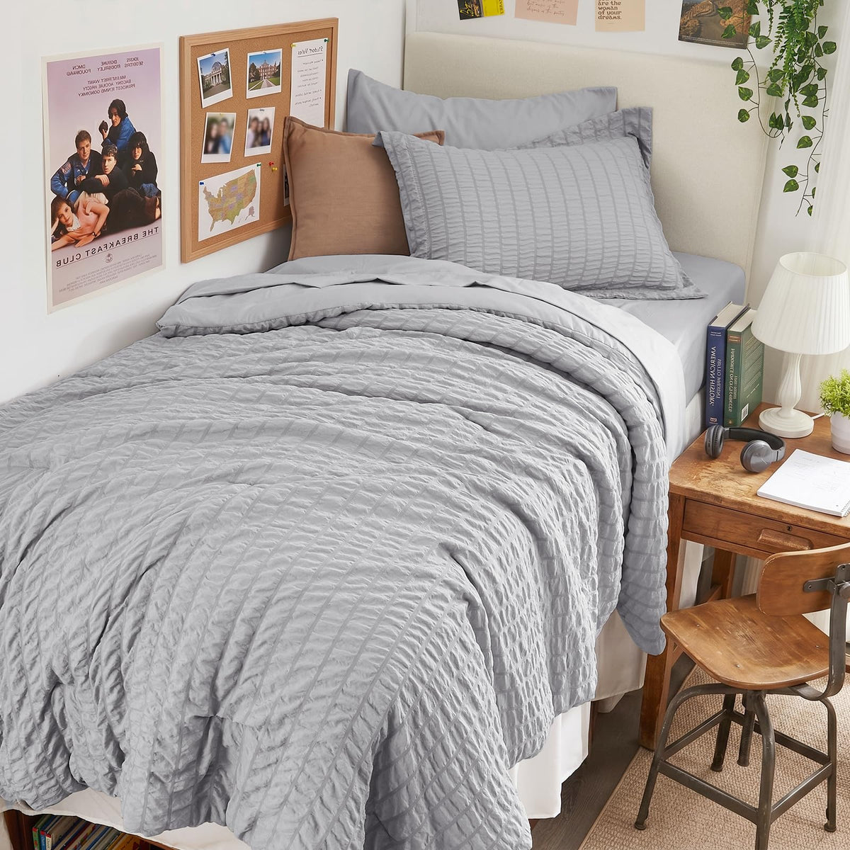 HYMOKEGE Queen Comforter Set Seersucker 7 Pieces, All Season Luxury Bed in a Bag for Bedroom, Bedding Set with Comforters, Sheets, Pillowcases & Shams, Dark Grey