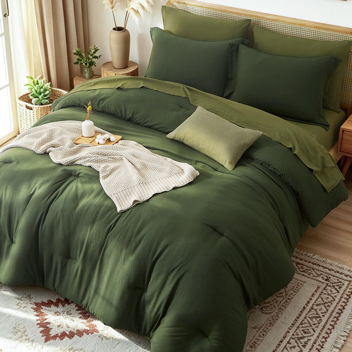 Comforters Queen Size 7 Pieces, Dark Green Bed Set