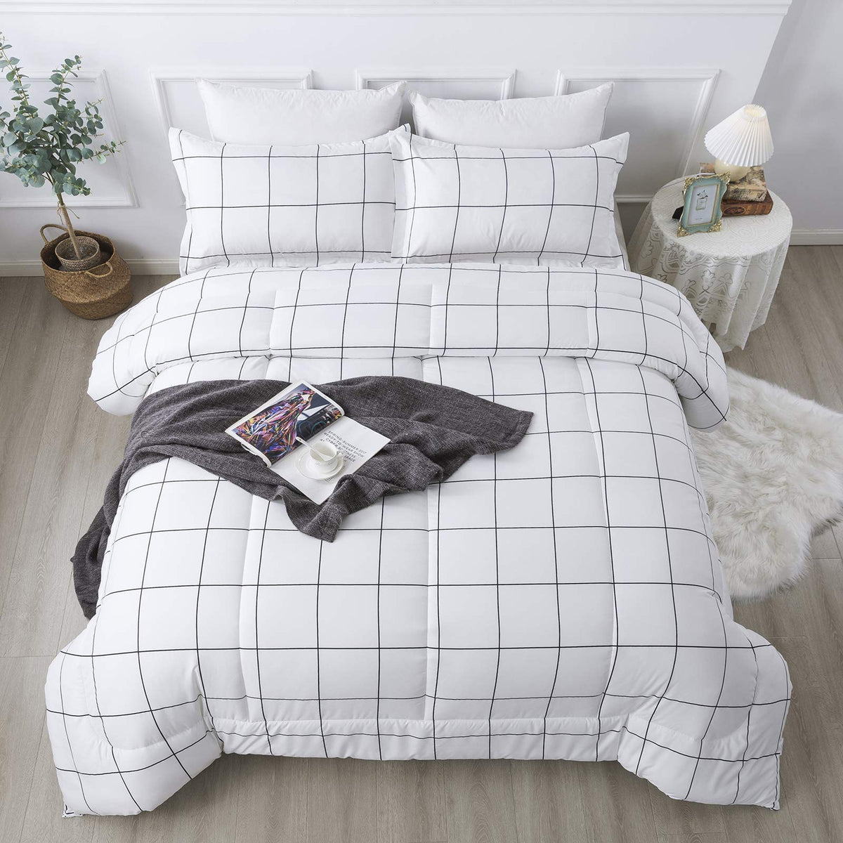 Andency Checkered Comforter Full, Black and White Gingham Plaid Bedding Set