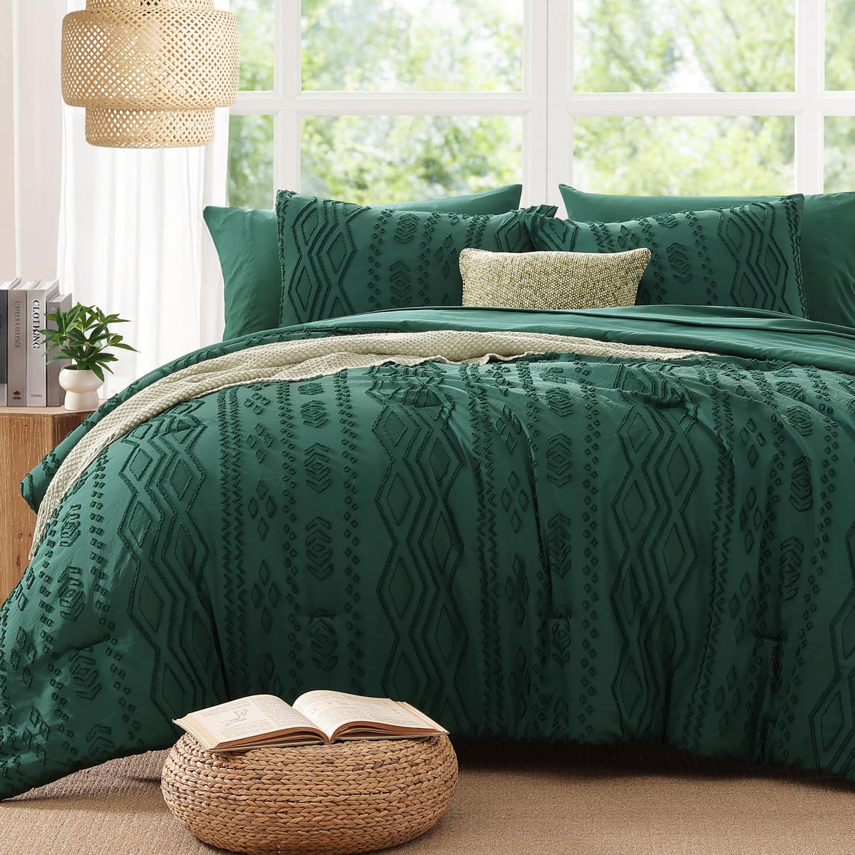 King Size Comforter Set Beige Tufted Boho Bedding Sets Farmhouse 7 Pieces