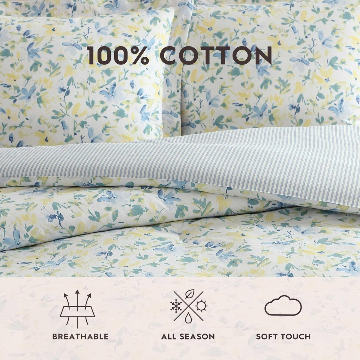 Laura Ashley – Queen Comforter Set, Cotton Bedding with Matching Shams & Bonus Decorative Pillows, Medium Weight, Floral Bedroom Decor, 7-Piece, College Dorm Room Essentials (Nora Blue)