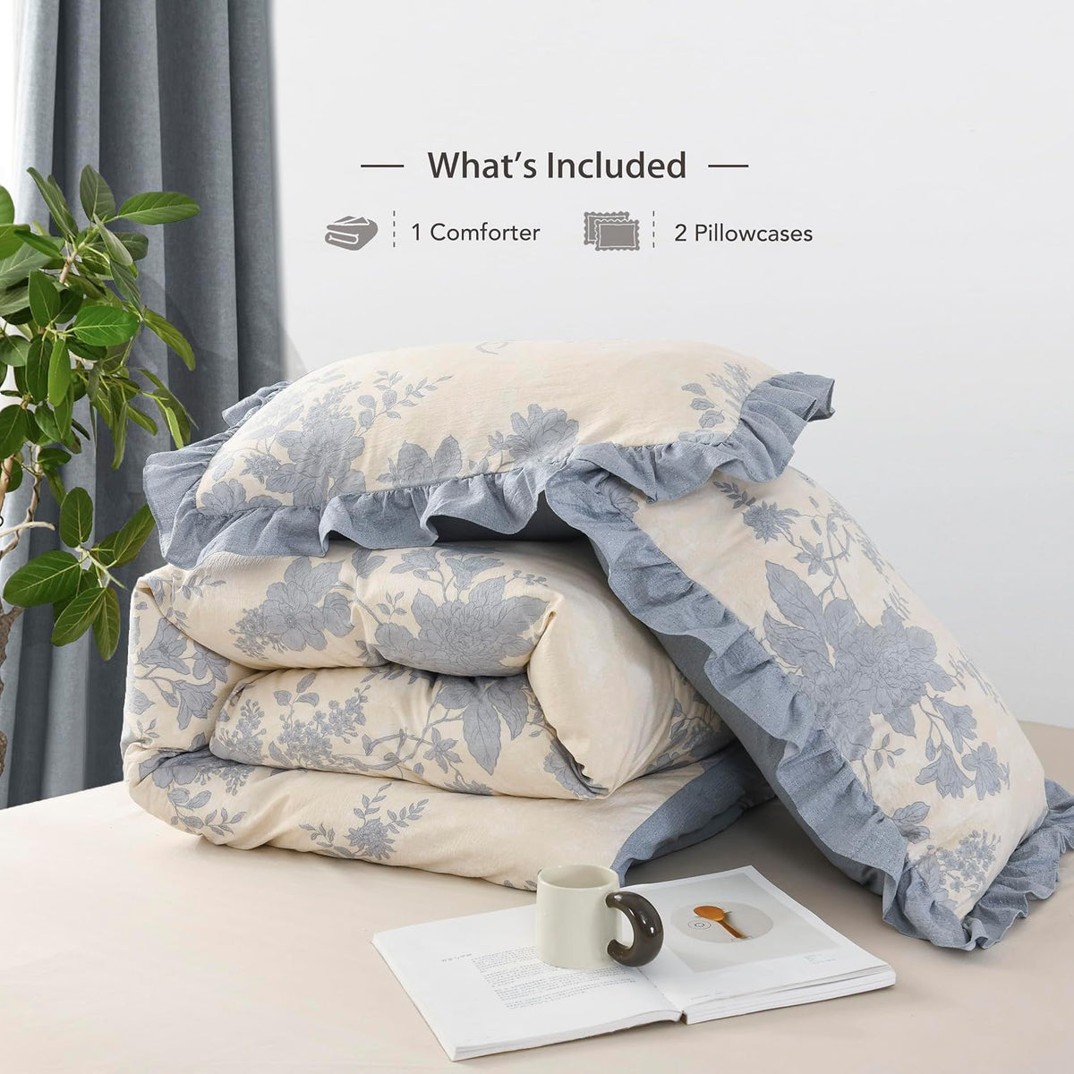 Oli Anderson King Comforter Set, Ruffle Floral Bedding Set, 3 Pieces, Blue