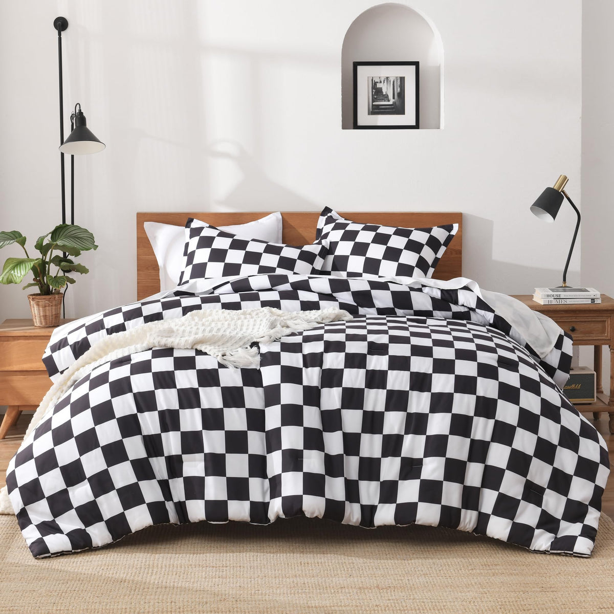 Andency Checkered Comforter Full, Black and White Gingham Plaid Bedding Set