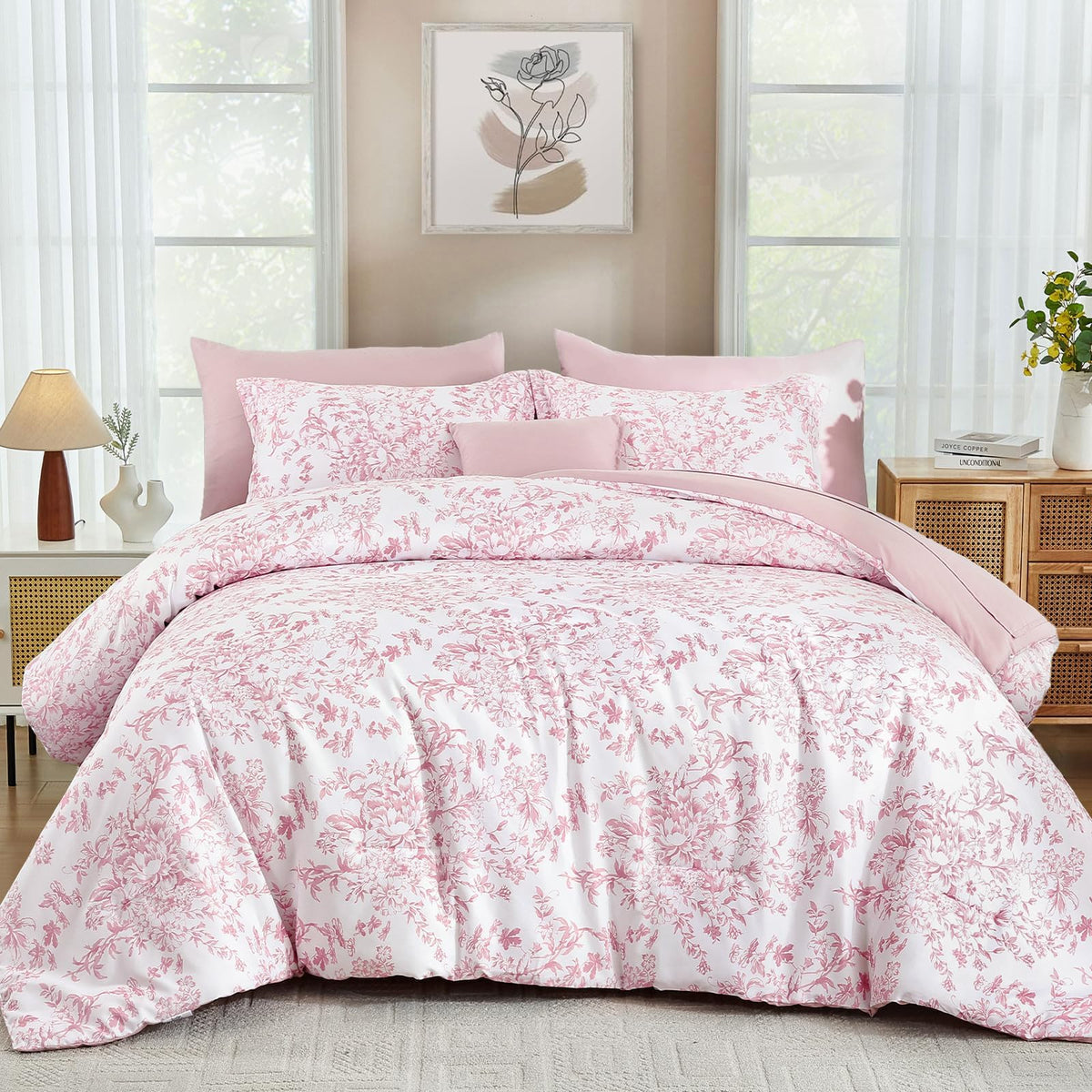 WONGS BEDDING 8 Pieces King Size Comforter Set Green,Sage Green Floral Bed in a Bag Comforter Sets, Soft Reversible Botanical Flowers Bedding Sets for All Season (90"x104")