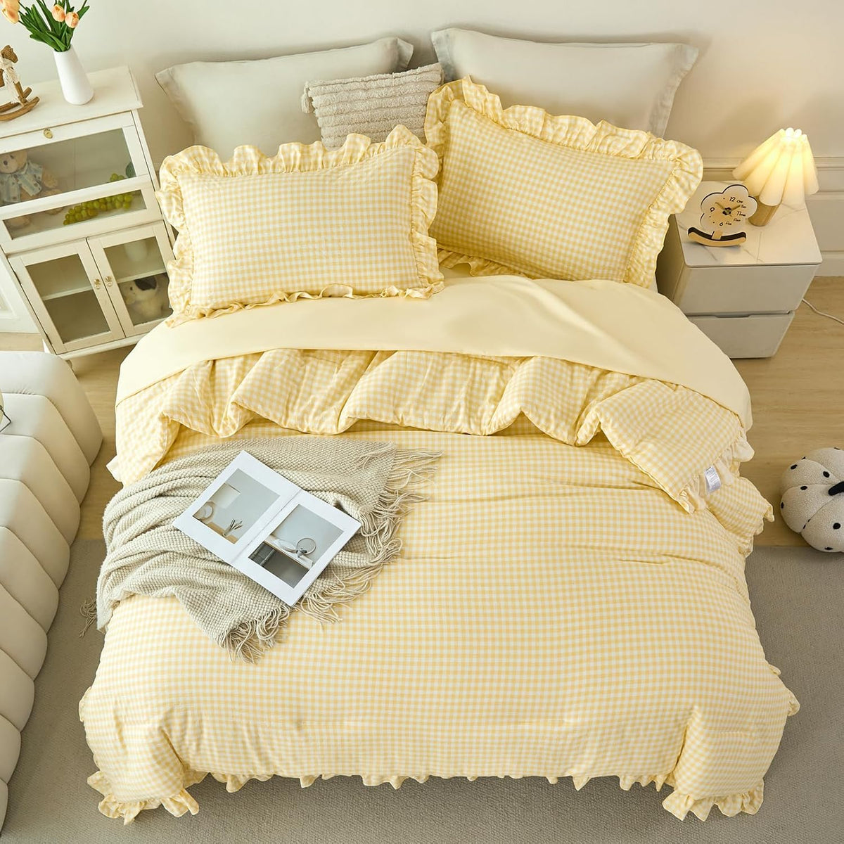 RYNGHIPY Yellow Gingham Comforter Set 5 Pcs Plaid Ruffle Full Bed in a Bag