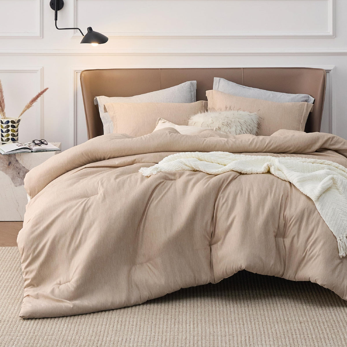 Bedsure Queen Size Comforter Sets, Beige Cationic Dyed Bedding Set 3 Pcs