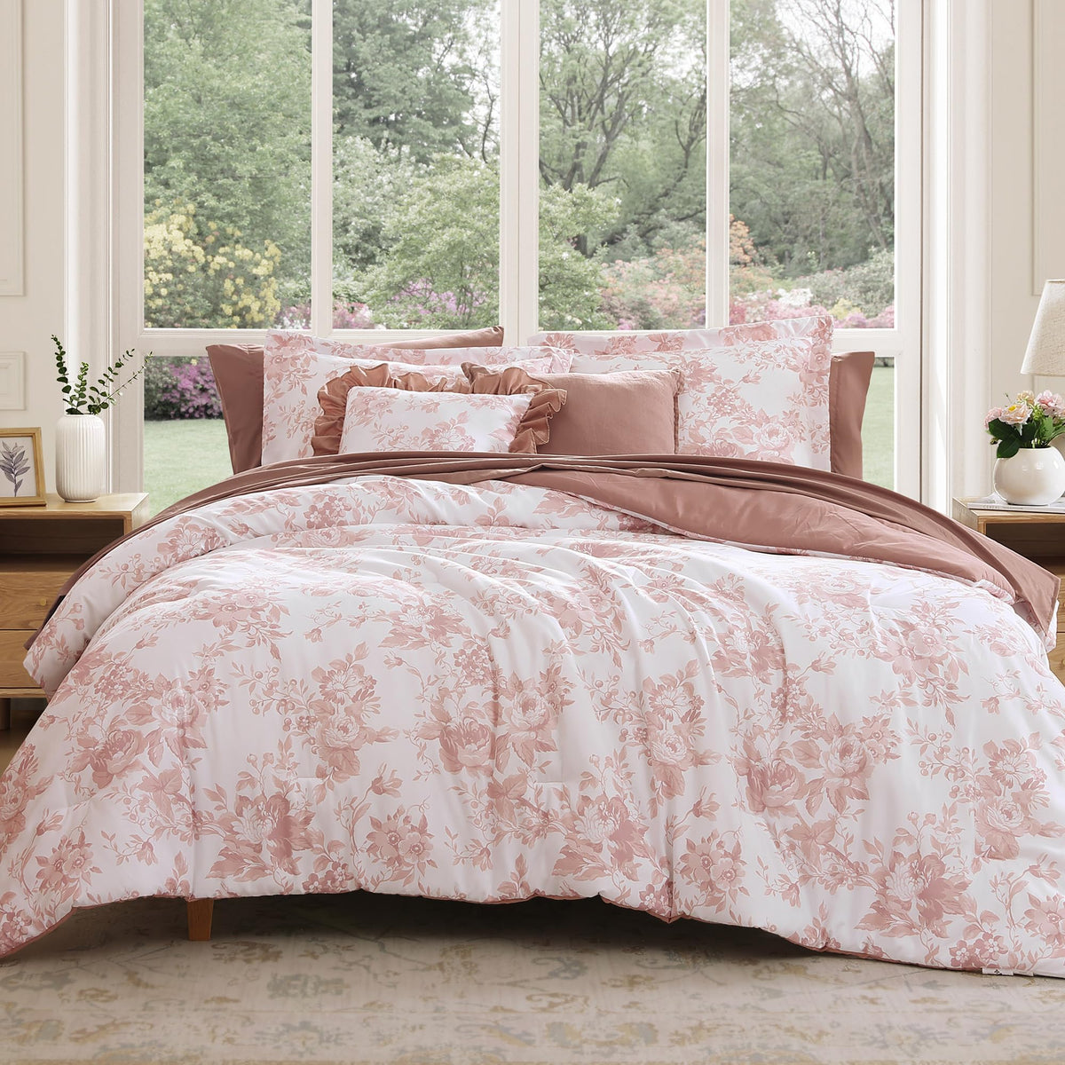 BLOOMHAVEN Full Size Comforter Sets-7 Pieces Rose Floral Bed in a Bag