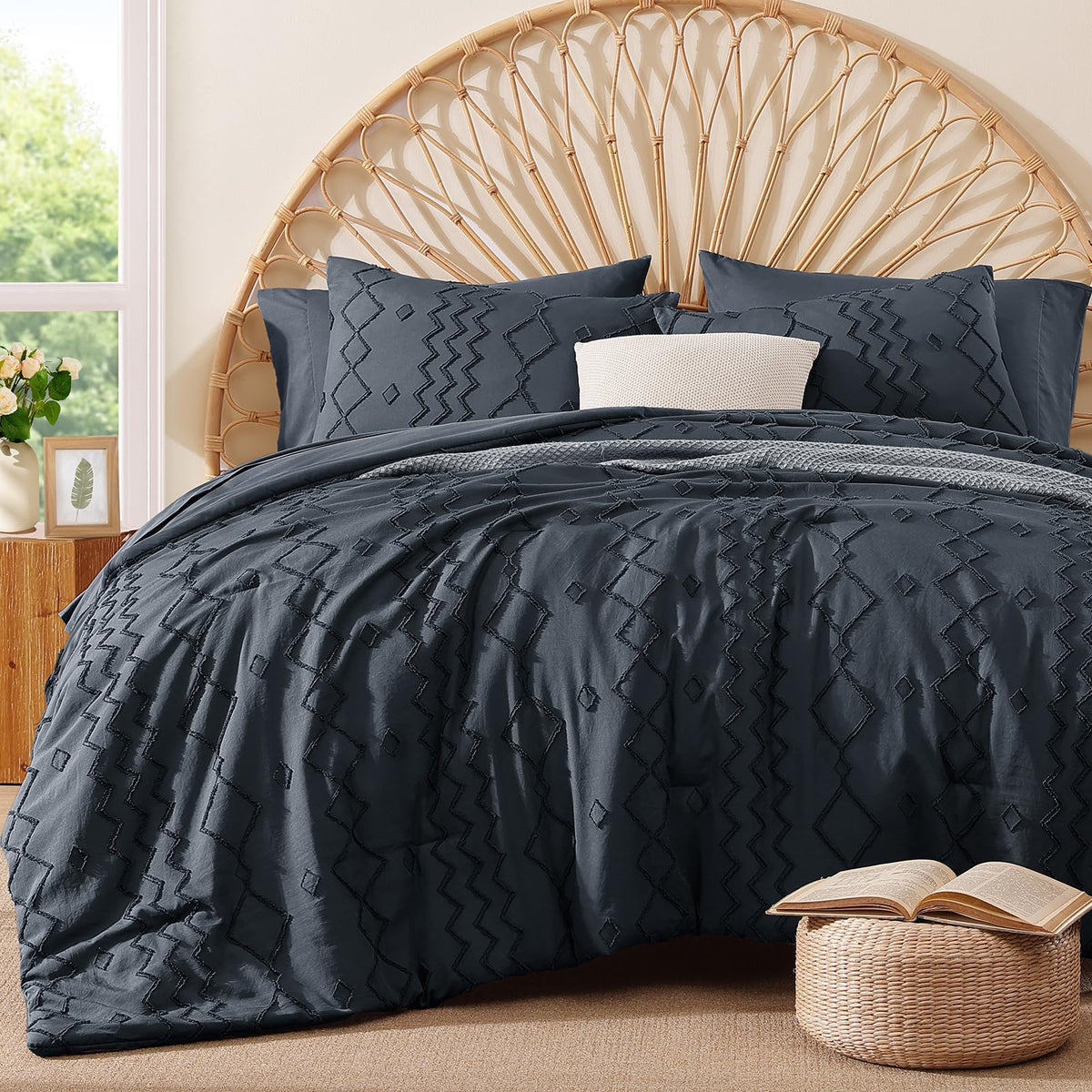King Size Comforter Set Beige Tufted Boho Bedding Sets Farmhouse 7 Pieces