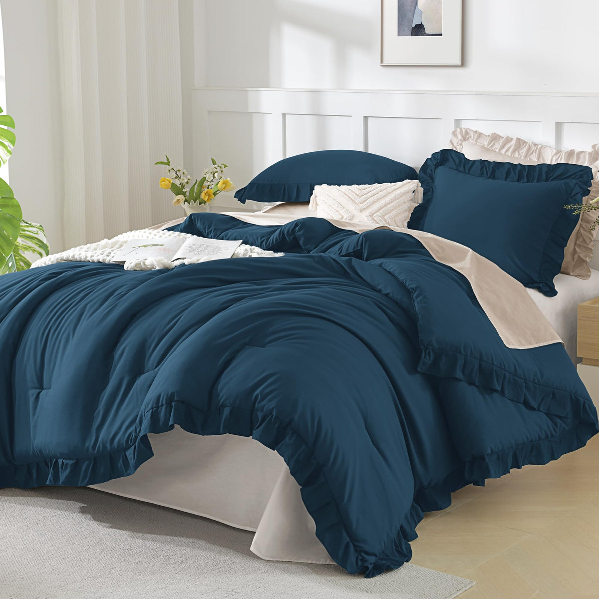 Andency White Comforter Set Queen Size, 3 Pieces Ruffle Farmhouse Bed Set