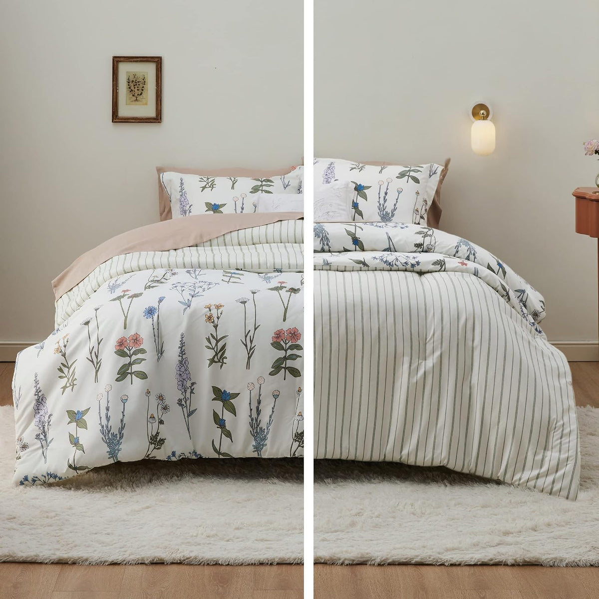 Bedsure Floral Queen Comforter Set, White Breathable Fall Bedding 3 Pcs