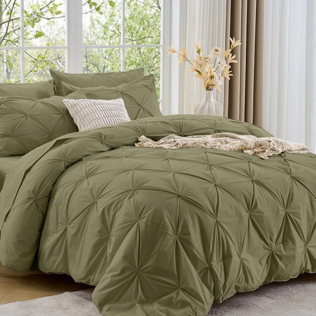 Sasttie Queen Comforter Set, 7-Piece Bed in a Bag, Pintuck Bedding Sets for All Season, Includes Comforter, Flat Sheet, Fitted Sheet, Pillowcases and Pillowshams, Beige