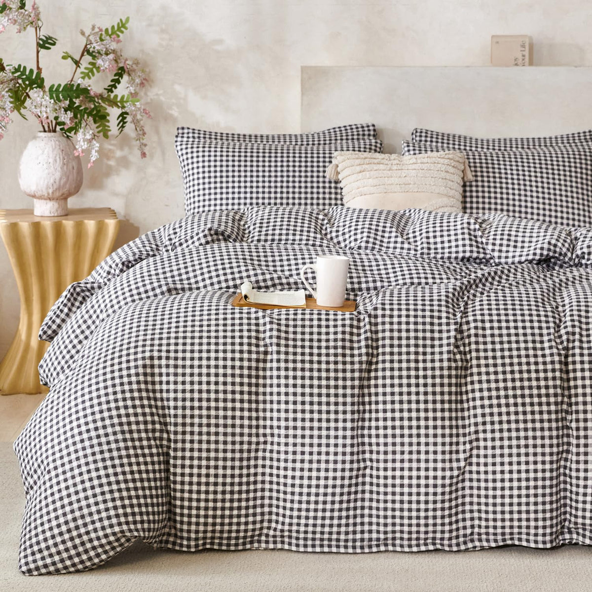 Black Grid Comforter Set Queen Soft Luxury Washed Microfiber 3 Pieces Bedding Set, White Grey Grid Pattern Comforter with 2 Pillowcases Breathable Durable Comfy