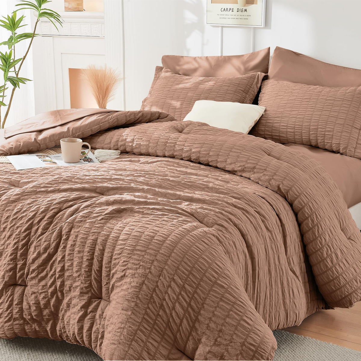 HYMOKEGE Queen Comforter Set Seersucker 7 Pieces, All Season Luxury Bed in a Bag for Bedroom, Bedding Set with Comforters, Sheets, Pillowcases & Shams, Dark Grey