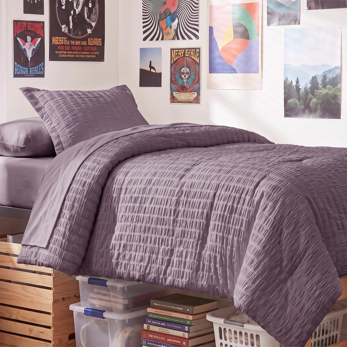 CozyLux Queen Comforter Set, 7 Pieces White Seersucker Bed in a Bag