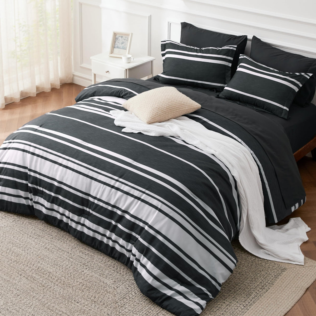 Bedsure Queen Comforter Set, Blue Striped Bedding Set, 7 Piece