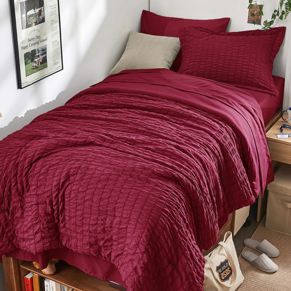 HYMOKEGE Queen Comforter Set Seersucker 7 Pieces, All Season Luxury Bed in a Bag for Bedroom, Bedding Set with Comforters, Sheets, Pillowcases & Shams, Dark Grey