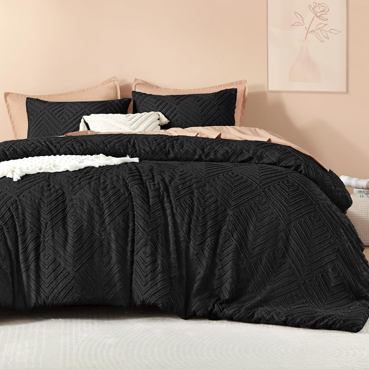 Litanika California King Comforter Set, 3 Pcs Beige Tufted Boho Bedding Set