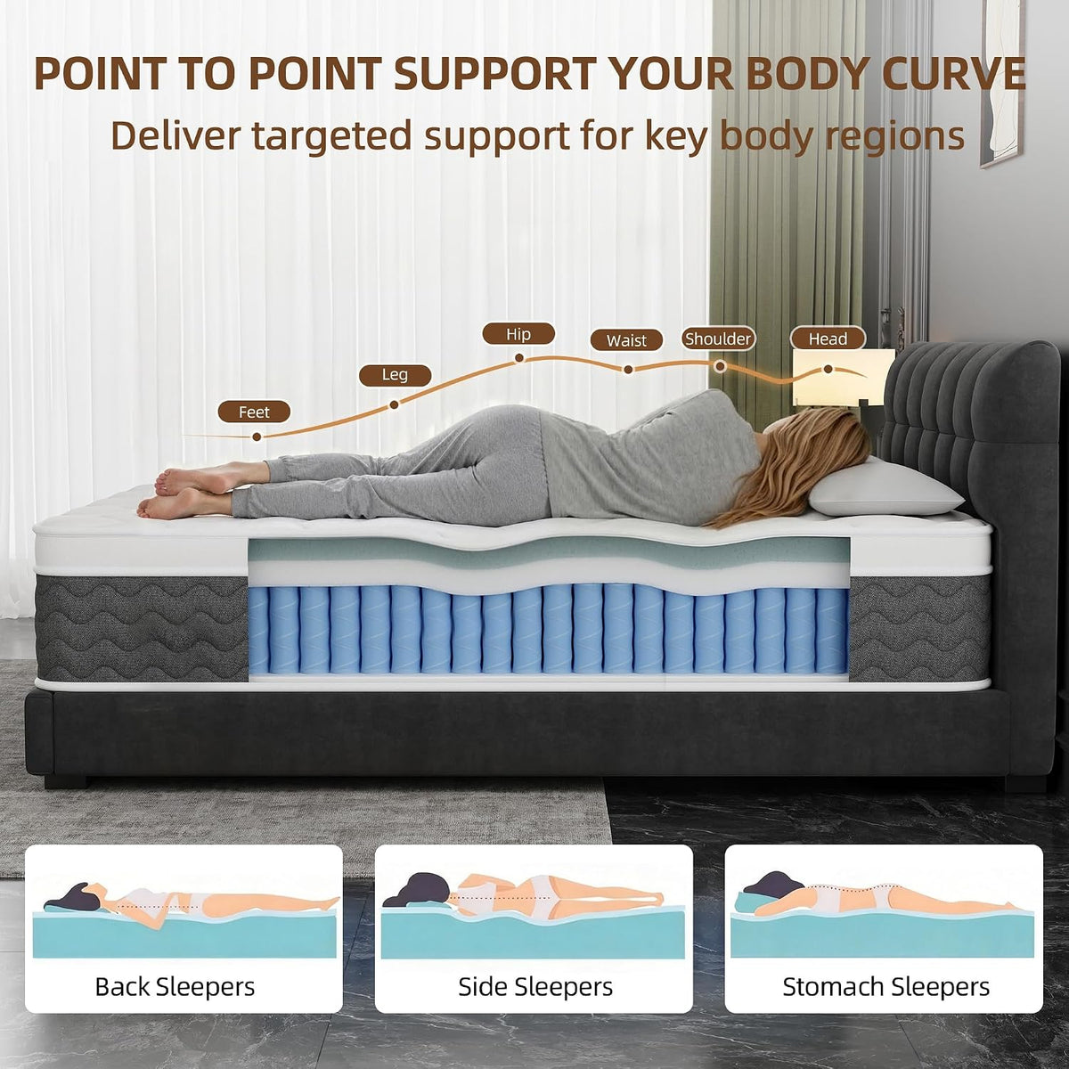 Gray Queen Mattress, 12 Inch Queen Size Hybrid Memory Foam Mattress