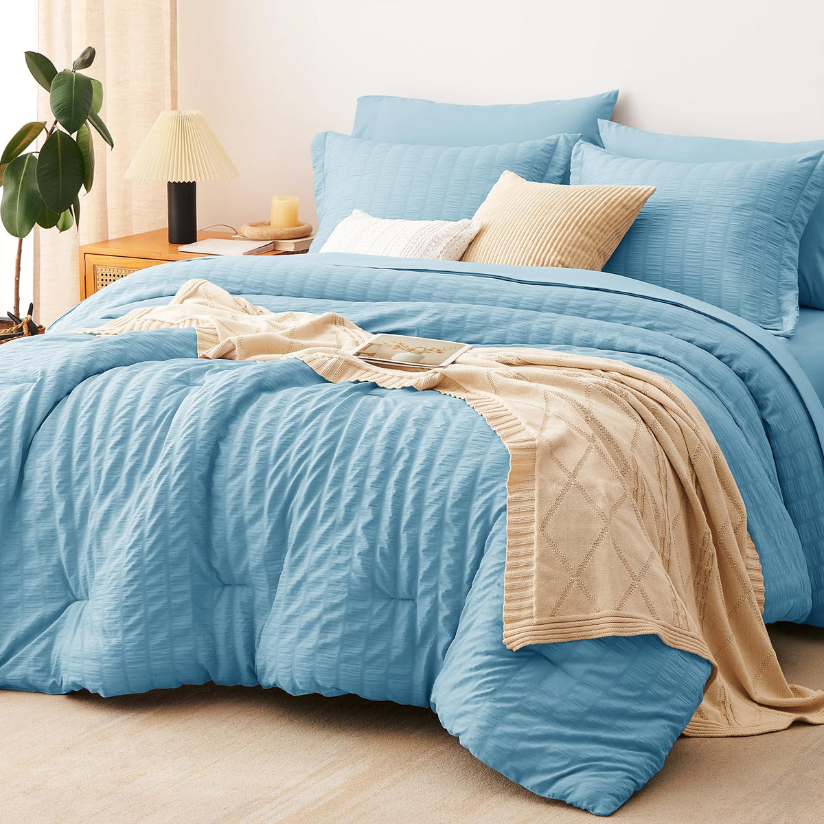 CozyLux Queen Comforter Set, 7 Pieces White Seersucker Bed in a Bag