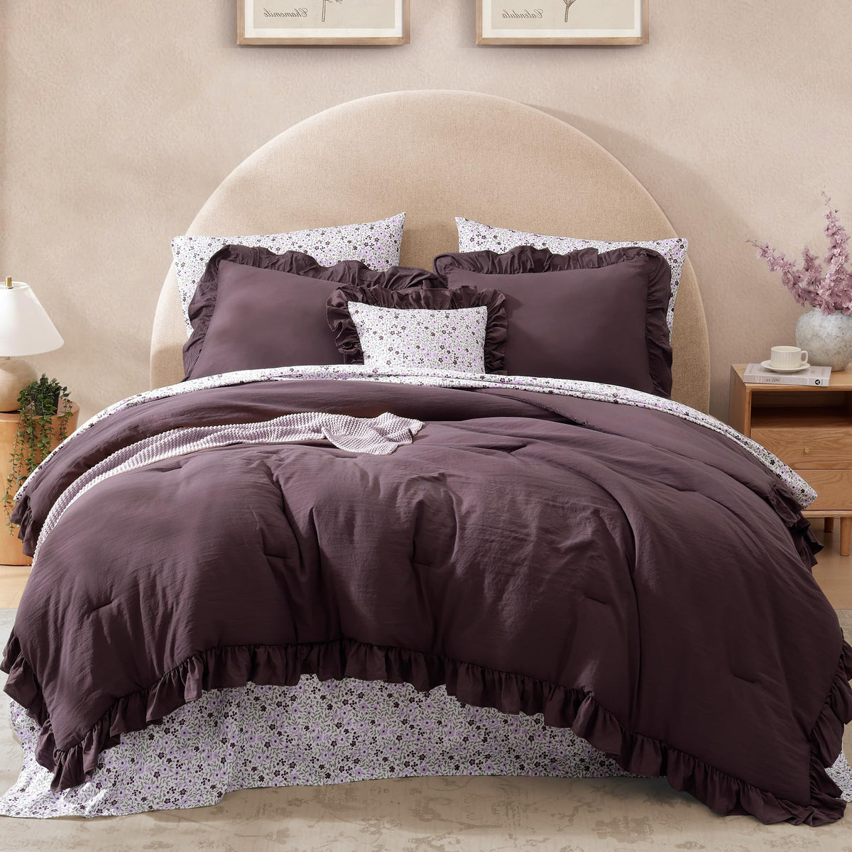 BLOOMHAVEN Queen Comforter Set-7 Pieces Ruffle Bedding with Floral Sheet