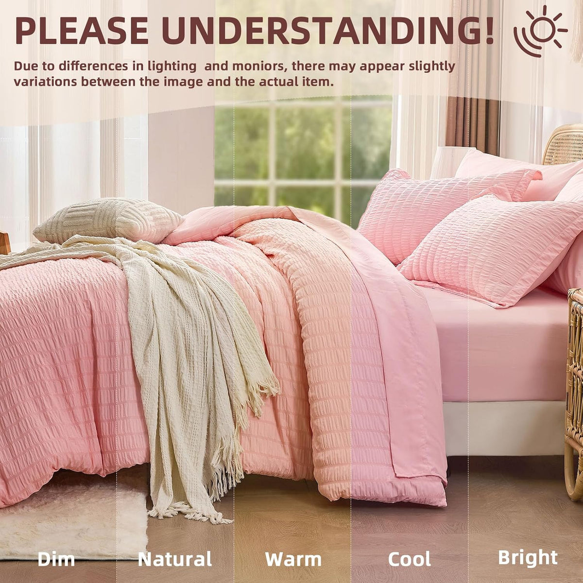 FUANNA Queen Comforter Set 7 Pieces, Pink Bed Set, Seersucker Bed in a Bag