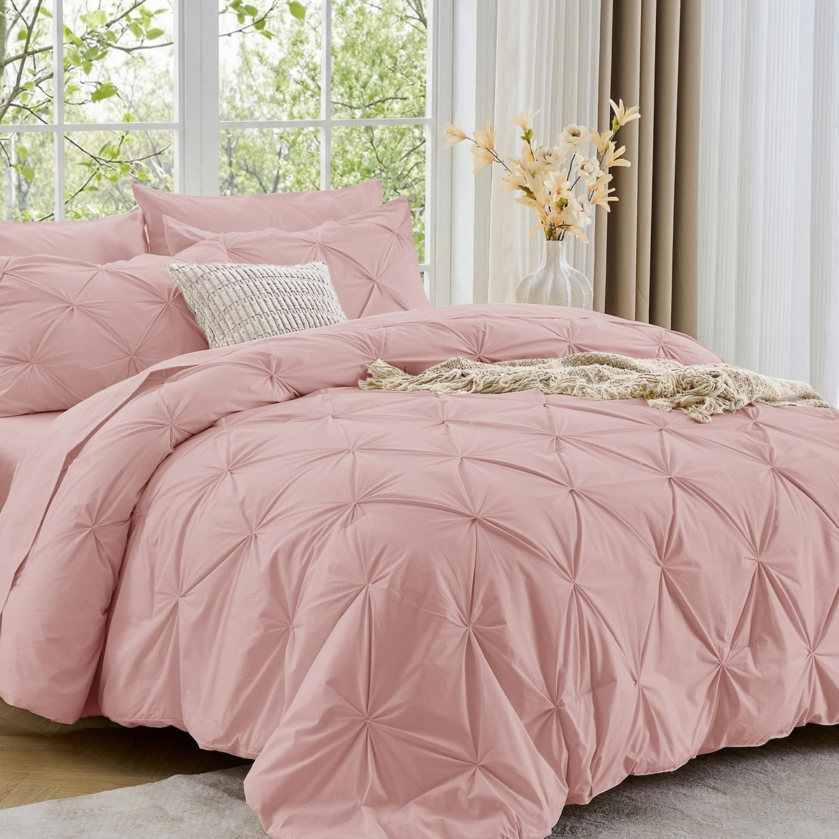 Sasttie Queen Comforter Set, 7-Piece Bed in a Bag, Pintuck Bedding Sets for All Season, Includes Comforter, Flat Sheet, Fitted Sheet, Pillowcases and Pillowshams, Beige