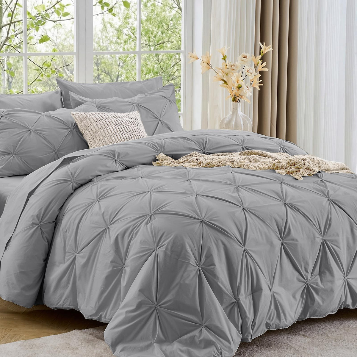 Sasttie Queen Comforter Set, 7-Piece Bed in a Bag, Pintuck Bedding Sets for All Season, Includes Comforter, Flat Sheet, Fitted Sheet, Pillowcases and Pillowshams, Beige