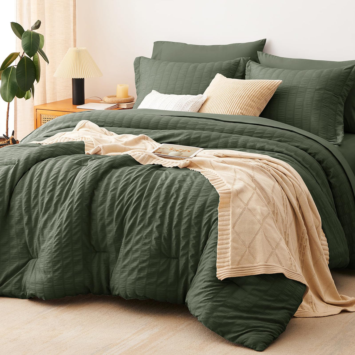 CozyLux Queen Comforter Set, 7 Pieces White Seersucker Bed in a Bag