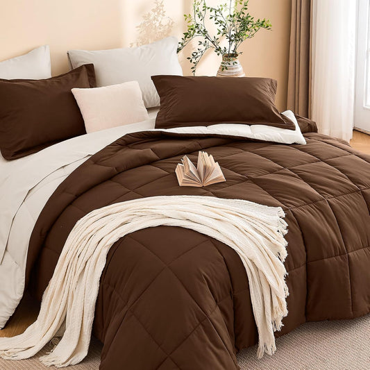MUXHOMO Queen Comforter Set with Sheets Brown - 7 Pieces Bed in a Bag