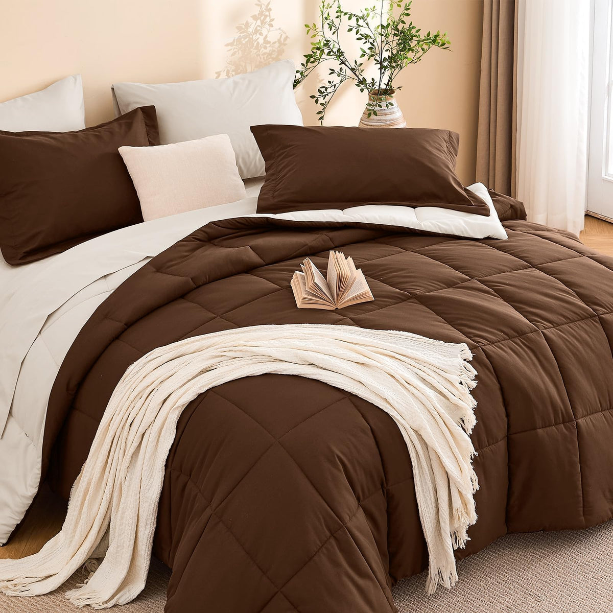 MUXHOMO Queen Comforter Set with Sheets Brown - 7 Pieces Bed in a Bag