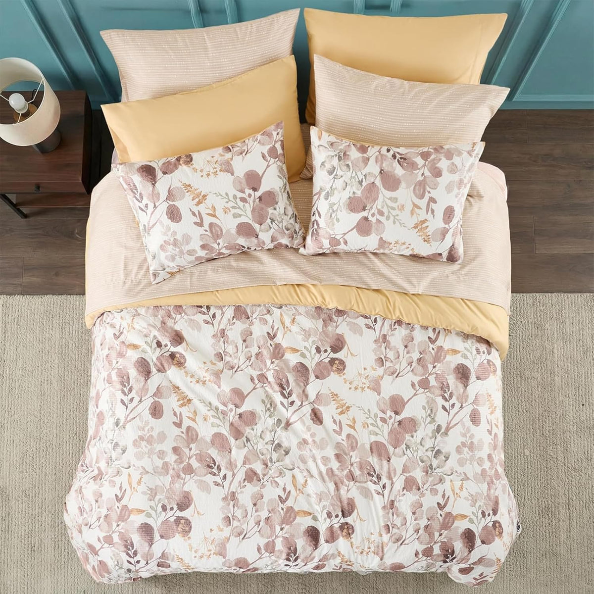 Lightweight Seersucker Botanical Comforter Set Queen Size, 9 Pieces Reversible Design Bed in A Bag Set, Premium Microfiber Bedding Set, Brown