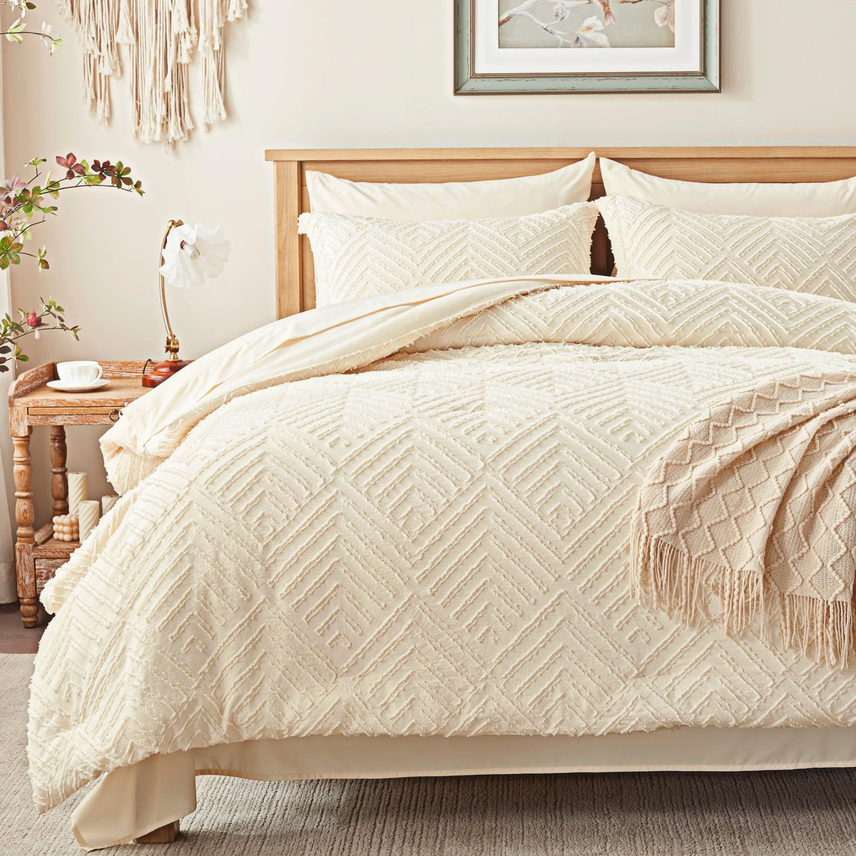 Zzlpp Queen Comforter Set 7 Piece, Beige Bed in a Bag Queen Bedding Sets