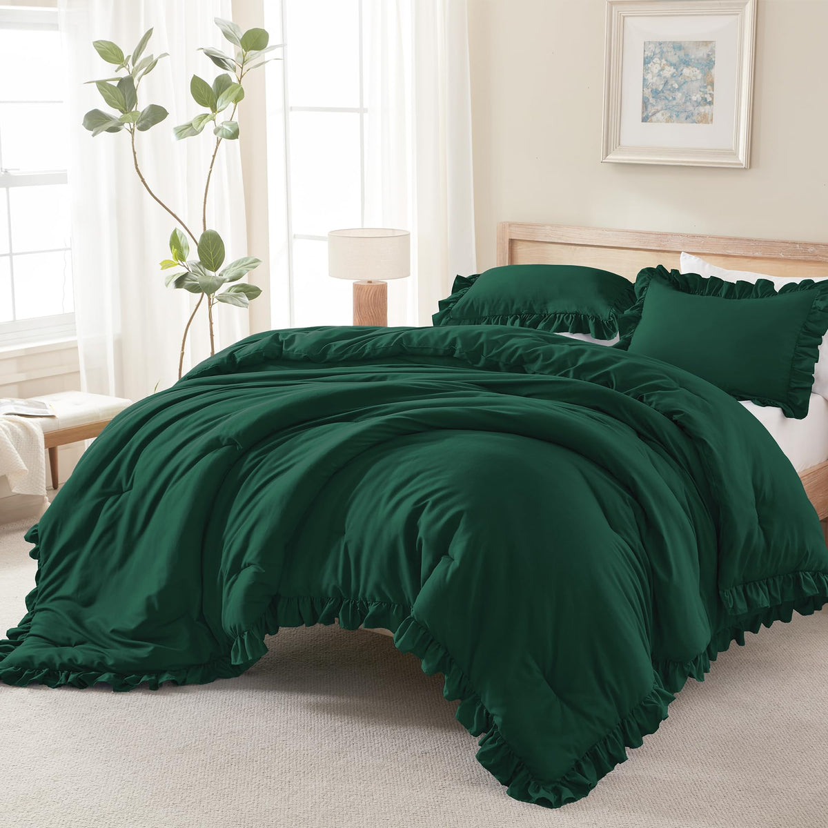 Andency White Comforter Set Queen Size, 3 Pieces Ruffle Farmhouse Bed Set