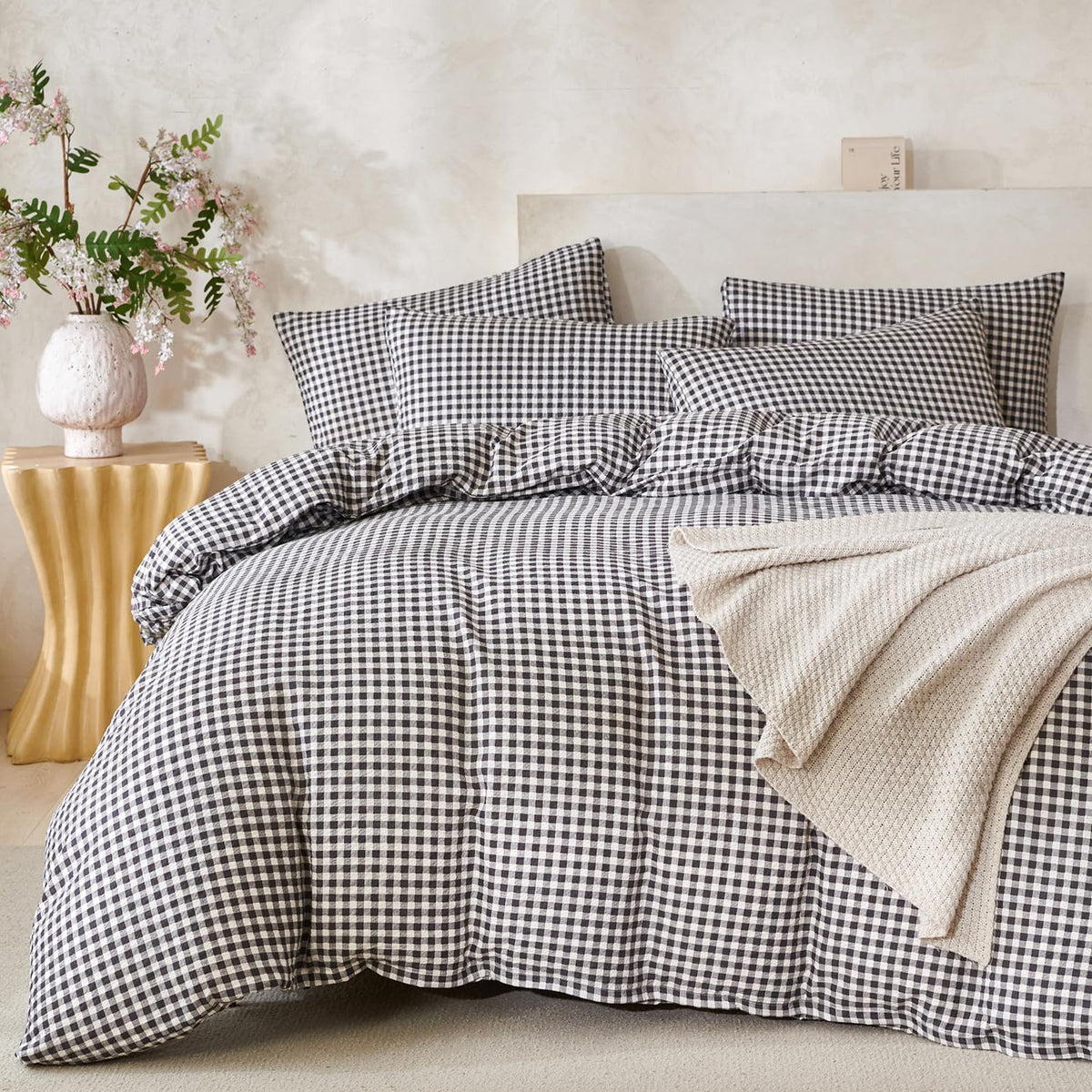 Black Grid Comforter Set Queen Soft Luxury Washed Microfiber 3 Pieces Bedding Set, White Grey Grid Pattern Comforter with 2 Pillowcases Breathable Durable Comfy