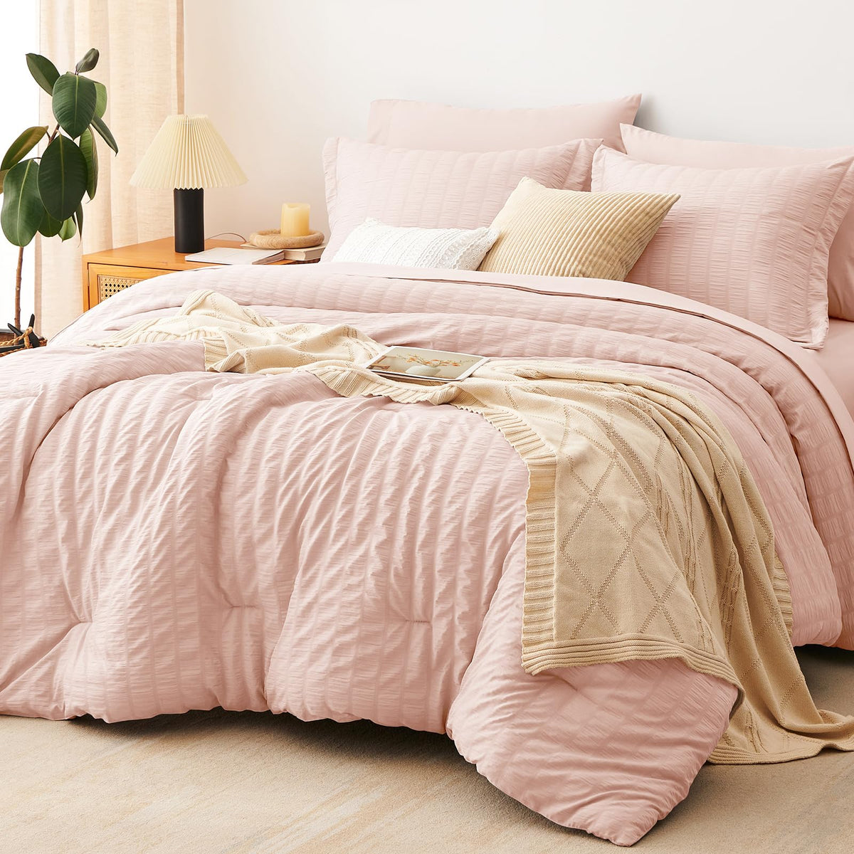 CozyLux Queen Comforter Set, 7 Pieces White Seersucker Bed in a Bag