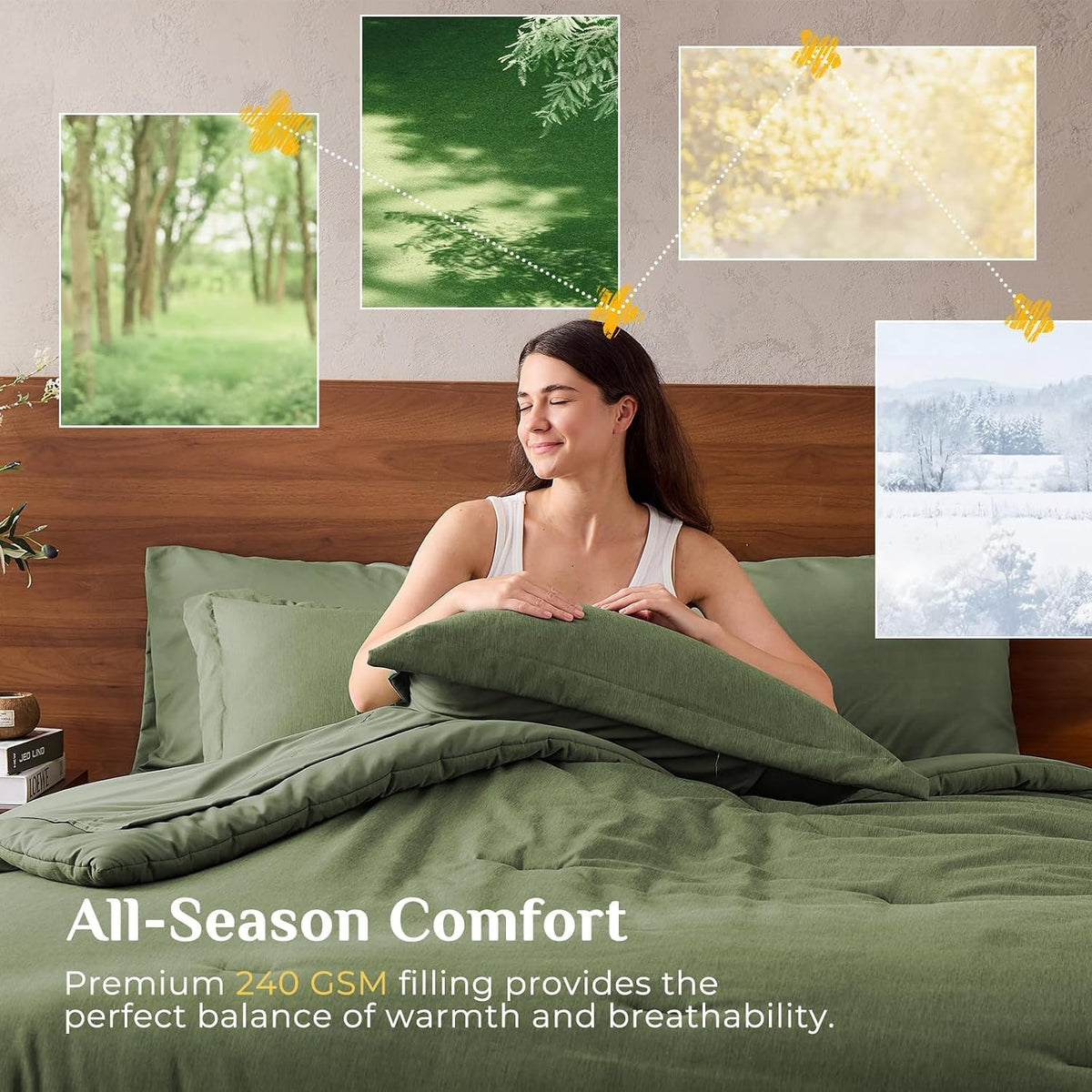 JOLLYVOGUE Queen Comforter Set 7 Pieces Dark Green, Cationic Dyeing Bed in a Bag Queen, Double-Tone Bedding Set with Down Alternative Comforter, Sheets, Pillowcases & Shams