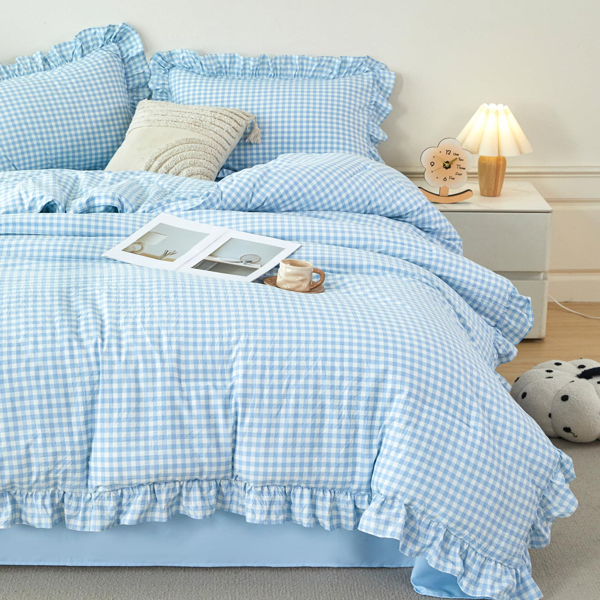 RYNGHIPY Yellow Gingham Comforter Set 5 Pcs Plaid Ruffle Full Bed in a Bag